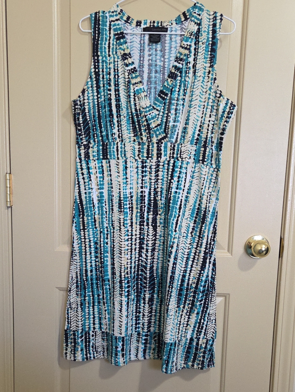 Calvin Klein Jeans Teal, Navy & White Sleeveless V-Neck Printed Dress